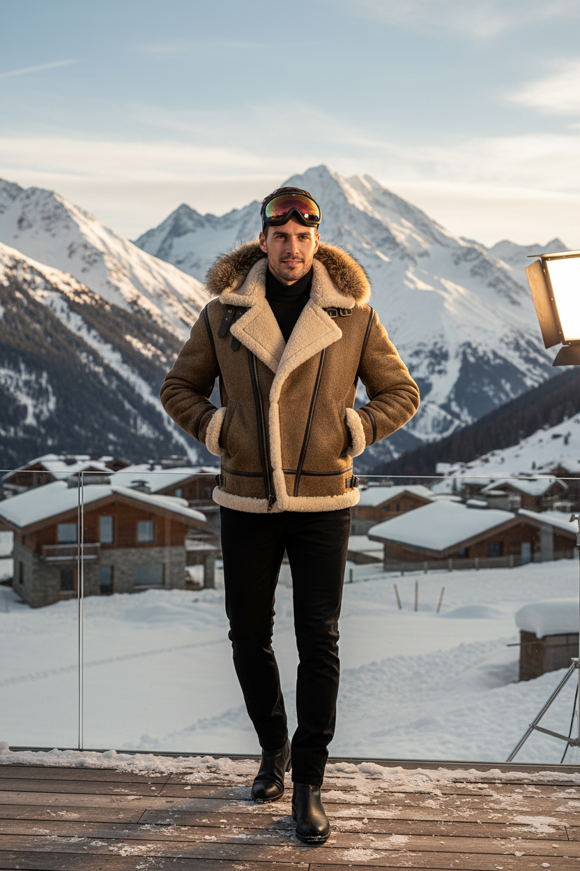 Mens Sheepskin Jacket Après-Ski Photo Shoot