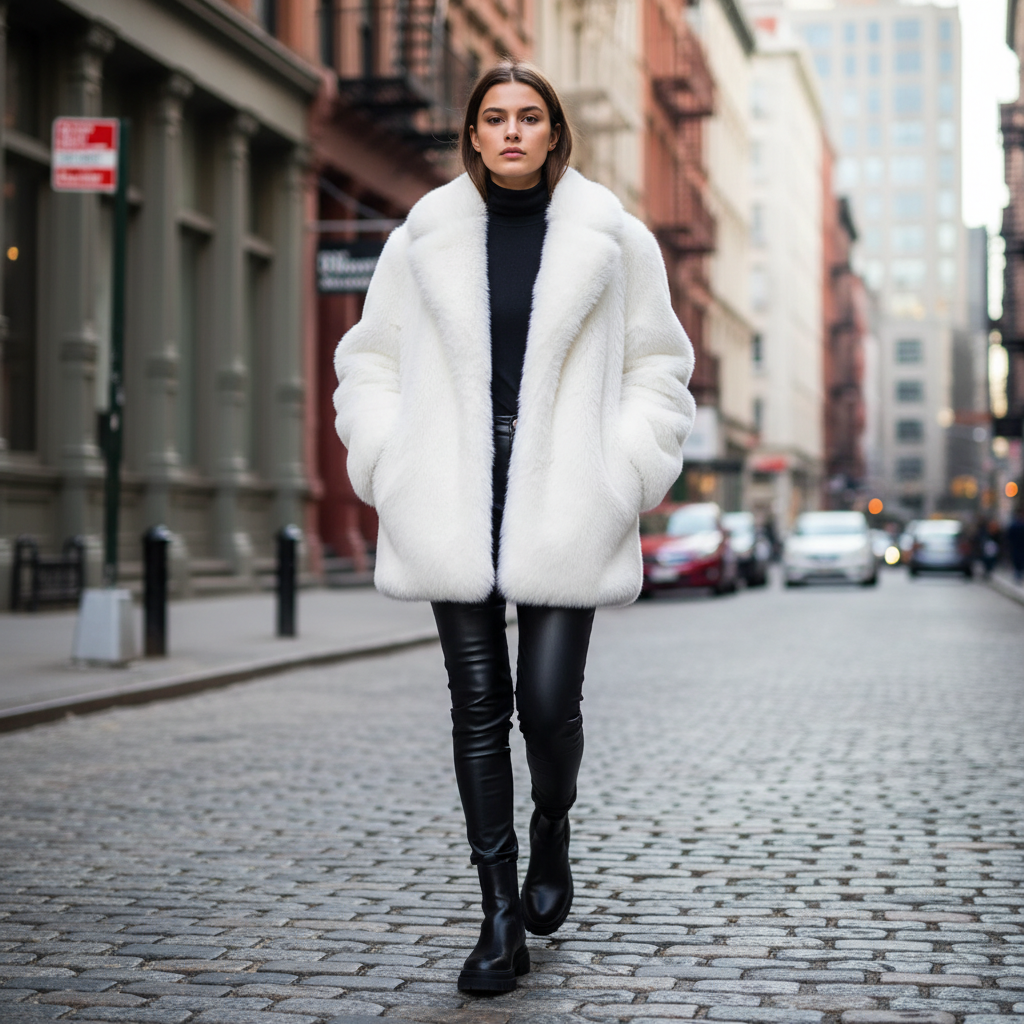 White Fluffy Faux Fur Coat Editorial NYC - Front